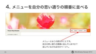 WordCamp Kansai 2014
4. メニューを自分の思い通りの順番に並べる
33
メニューとはこの部分のことです。
自分の思い通りの順番に並んでいますか？
並んでいなければ次のページへ。
 