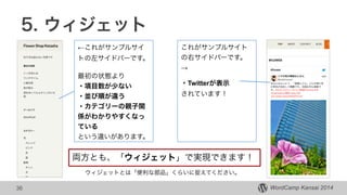 WordCamp Kansai 2014
5. ウィジェット
36
←これがサンプルサイ
トの左サイドバーです。
!
最初の状態より
・項目数が少ない
・並び順が違う
・カテゴリーの親子関
係がわかりやすくなっ
ている
という違いがあります。
これがサンプルサイト
の右サイドバーです。
→
!
・Twitterが表示
されています！
両方とも、「ウィジェット」で実現できます！
ウィジェットとは「便利な部品」くらいに捉えてください。
 