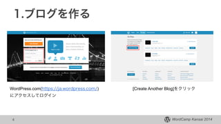 WordCamp Kansai 2014WordCamp Kansai 2014
1.ブログを作る
4
WordPress.com(https://ja.wordpress.com/)
にアクセスしてログイン
[Create Another Blog]をクリック
 