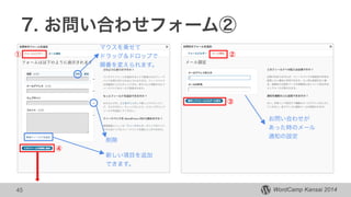 WordCamp Kansai 2014
7. お問い合わせフォーム②
45
削除
マウスを乗せて
ドラッグ＆ドロップで
順番を変えられます。
新しい項目を追加
できます。
① ②
お問い合わせが
あった時のメール
通知の設定
③
④
 