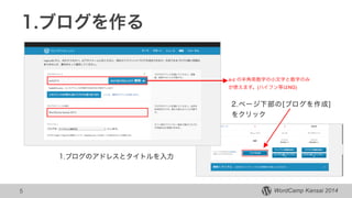 WordCamp Kansai 2014WordCamp Kansai 2014
1.ブログを作る
5
1.ブログのアドレスとタイトルを入力
2.ページ下部の[ブログを作成] 
をクリック
a-z の半角英数字の小文字と数字のみ
が使えます。(ハイフン等はNG)
 