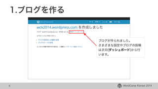WordCamp Kansai 2014WordCamp Kansai 2014
1.ブログを作る
6
ブログが作られました。
さまざまな設定やブログの投稿
は次の[ダッシュボード]から行
います。
 
