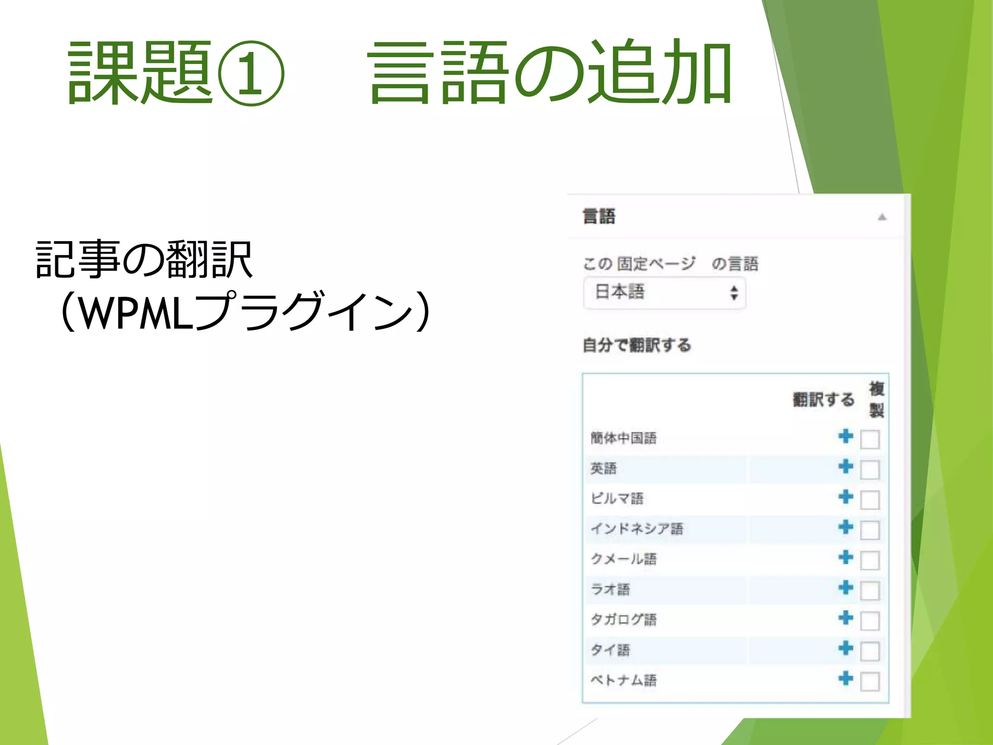 記事の翻訳
（WPMLプラグイン）
課題① 言語の追加
 