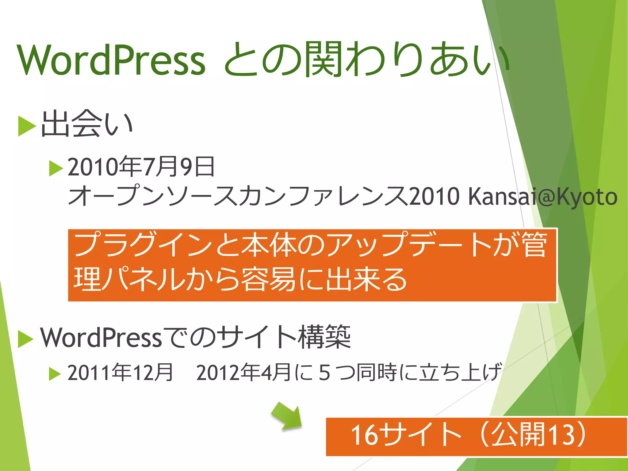 出会い
2010年7月9日
オープンソースカンファレンス2010 Kansai@Kyoto
WordPress との関わりあい
 WordPressでのサイト構築
 2011年12月 2012年4月に５つ同時に立ち上げ
プラグインと本体のアップデートが管
理パネルから容易に出来る
16サイト（公開13）
 