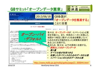 G8サミット「オープンデータ憲章」
http://www.mofa.go.jp/mofaj/gaiko/page23_000044.html
2013/06/18
我々は，オープンデータが，イノベーションと繁
栄を可能にし，また，市民のニーズに...