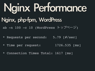 ab -n 100 -c 10 (WordPress トップページ)!
!
* Requests per second: 5.79 [#/sec]!
!
* Time per request: 1726.535 [ms]!
!
* Connection Times Total: 1617 [ms]
Nginx	 Performance
Nginx,	 php-fpm,	 WordPress	 
 
