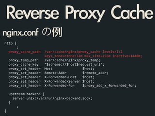 nginx.conf	 の例
http	
  {	
  
	
  	
  	
  	
  	
  	
  :	
  
	
  	
  proxy_cache_path	
  	
  /var/cache/nginx/proxy_cache	
  levels=1:2	
  
	
  	
  	
  	
  	
  	
  	
  	
  	
  	
  	
  	
  	
  	
  	
  	
  	
  	
  	
  	
  keys_zone=czone:32m	
  max_size=256m	
  inactive=1440m;	
  
	
  	
  proxy_temp_path	
  	
  	
  /var/cache/nginx/proxy_temp;	
  
	
  	
  proxy_cache_key	
  	
  	
  "$scheme://$host$request_uri";	
  
	
  	
  proxy_set_header	
  	
  Host	
  	
  	
  	
  	
  	
  	
  	
  	
  	
  	
  	
  	
  	
  	
  $host;	
  
	
  	
  proxy_set_header	
  	
  Remote-­‐Addr	
  	
  	
  	
  	
  	
  	
  	
  $remote_addr;	
  
	
  	
  proxy_set_header	
  	
  X-­‐Forwarded-­‐Host	
  	
  	
  $host;	
  
	
  	
  proxy_set_header	
  	
  X-­‐Forwarded-­‐Server	
  $host;	
  
	
  	
  proxy_set_header	
  	
  X-­‐Forwarded-­‐For	
  	
  	
  	
  $proxy_add_x_forwarded_for;	
  
!
	
  	
  upstream	
  backend	
  {	
  
	
  	
  	
  	
  server	
  unix:/var/run/nginx-­‐backend.sock;	
  
	
  	
  }	
  
	
  	
  	
  	
  	
  	
  :	
  
}
Reverse	 Proxy	 Cache
 