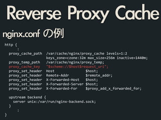 http	
  {	
  
	
  	
  	
  	
  	
  	
  :	
  
	
  	
  proxy_cache_path	
  	
  /var/cache/nginx/proxy_cache	
  levels=1:2	
  
	
  	
  	
  	
  	
  	
  	
  	
  	
  	
  	
  	
  	
  	
  	
  	
  	
  	
  	
  	
  keys_zone=czone:32m	
  max_size=256m	
  inactive=1440m;	
  
	
  	
  proxy_temp_path	
  	
  	
  /var/cache/nginx/proxy_temp;	
  
	
  	
  proxy_cache_key	
  	
  	
  "$scheme://$host$request_uri";	
  
	
  	
  proxy_set_header	
  	
  Host	
  	
  	
  	
  	
  	
  	
  	
  	
  	
  	
  	
  	
  	
  	
  $host;	
  
	
  	
  proxy_set_header	
  	
  Remote-­‐Addr	
  	
  	
  	
  	
  	
  	
  	
  $remote_addr;	
  
	
  	
  proxy_set_header	
  	
  X-­‐Forwarded-­‐Host	
  	
  	
  $host;	
  
	
  	
  proxy_set_header	
  	
  X-­‐Forwarded-­‐Server	
  $host;	
  
	
  	
  proxy_set_header	
  	
  X-­‐Forwarded-­‐For	
  	
  	
  	
  $proxy_add_x_forwarded_for;	
  
!
	
  	
  upstream	
  backend	
  {	
  
	
  	
  	
  	
  server	
  unix:/var/run/nginx-­‐backend.sock;	
  
	
  	
  }	
  
	
  	
  	
  	
  	
  	
  :	
  
}
Reverse	 Proxy	 Cache
nginx.conf	 の例
 