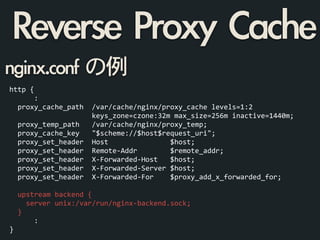 http	
  {	
  
	
  	
  	
  	
  	
  	
  :	
  
	
  	
  proxy_cache_path	
  	
  /var/cache/nginx/proxy_cache	
  levels=1:2	
  
	
  	
  	
  	
  	
  	
  	
  	
  	
  	
  	
  	
  	
  	
  	
  	
  	
  	
  	
  	
  keys_zone=czone:32m	
  max_size=256m	
  inactive=1440m;	
  
	
  	
  proxy_temp_path	
  	
  	
  /var/cache/nginx/proxy_temp;	
  
	
  	
  proxy_cache_key	
  	
  	
  "$scheme://$host$request_uri";	
  
	
  	
  proxy_set_header	
  	
  Host	
  	
  	
  	
  	
  	
  	
  	
  	
  	
  	
  	
  	
  	
  	
  $host;	
  
	
  	
  proxy_set_header	
  	
  Remote-­‐Addr	
  	
  	
  	
  	
  	
  	
  	
  $remote_addr;	
  
	
  	
  proxy_set_header	
  	
  X-­‐Forwarded-­‐Host	
  	
  	
  $host;	
  
	
  	
  proxy_set_header	
  	
  X-­‐Forwarded-­‐Server	
  $host;	
  
	
  	
  proxy_set_header	
  	
  X-­‐Forwarded-­‐For	
  	
  	
  	
  $proxy_add_x_forwarded_for;	
  
!
	
  	
  upstream	
  backend	
  {	
  
	
  	
  	
  	
  server	
  unix:/var/run/nginx-­‐backend.sock;	
  
	
  	
  }	
  
	
  	
  	
  	
  	
  	
  :	
  
}
Reverse	 Proxy	 Cache
nginx.conf	 の例
 