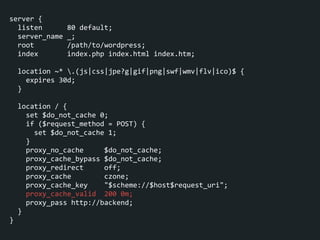 server	
  {	
  
	
  	
  listen	
  	
  	
  	
  	
  	
  80	
  default;	
  
	
  	
  server_name	
  _;	
  
	
  	
  root	
  	
  	
  	
  	
  	
  	
  	
  /path/to/wordpress;	
  
	
  	
  index	
  	
  	
  	
  	
  	
  	
  index.php	
  index.html	
  index.htm;	
  
!
	
  	
  location	
  ~*	
  .(js|css|jpe?g|gif|png|swf|wmv|flv|ico)$	
  {	
  
	
  	
  	
  	
  expires	
  30d;	
  
	
  	
  }	
  
!
	
  	
  location	
  /	
  {	
  
	
  	
  	
  	
  set	
  $do_not_cache	
  0;	
  
	
  	
  	
  	
  if	
  ($request_method	
  =	
  POST)	
  {	
  
	
  	
  	
  	
  	
  	
  set	
  $do_not_cache	
  1;	
  
	
  	
  	
  	
  }	
  
	
  	
  	
  	
  proxy_no_cache	
  	
  	
  	
  	
  $do_not_cache;	
  
	
  	
  	
  	
  proxy_cache_bypass	
  $do_not_cache;	
  
	
  	
  	
  	
  proxy_redirect	
  	
  	
  	
  	
  off;	
  
	
  	
  	
  	
  proxy_cache	
  	
  	
  	
  	
  	
  	
  	
  czone;	
  
	
  	
  	
  	
  proxy_cache_key	
  	
  	
  	
  "$scheme://$host$request_uri";	
  
	
  	
  	
  	
  proxy_cache_valid	
  	
  200	
  0m;	
  
	
  	
  	
  	
  proxy_pass	
  http://backend;	
  
	
  	
  }	
  
}
 