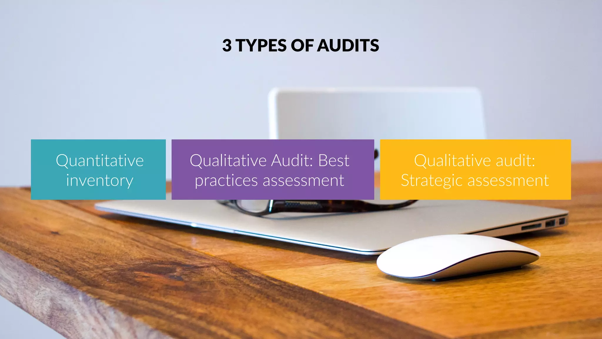 30
Quantitative
inventory
Qualitative Audit: Best
practices assessment
3 TYPES OF AUDITS
Qualitative audit:
Strategic assessment
 
