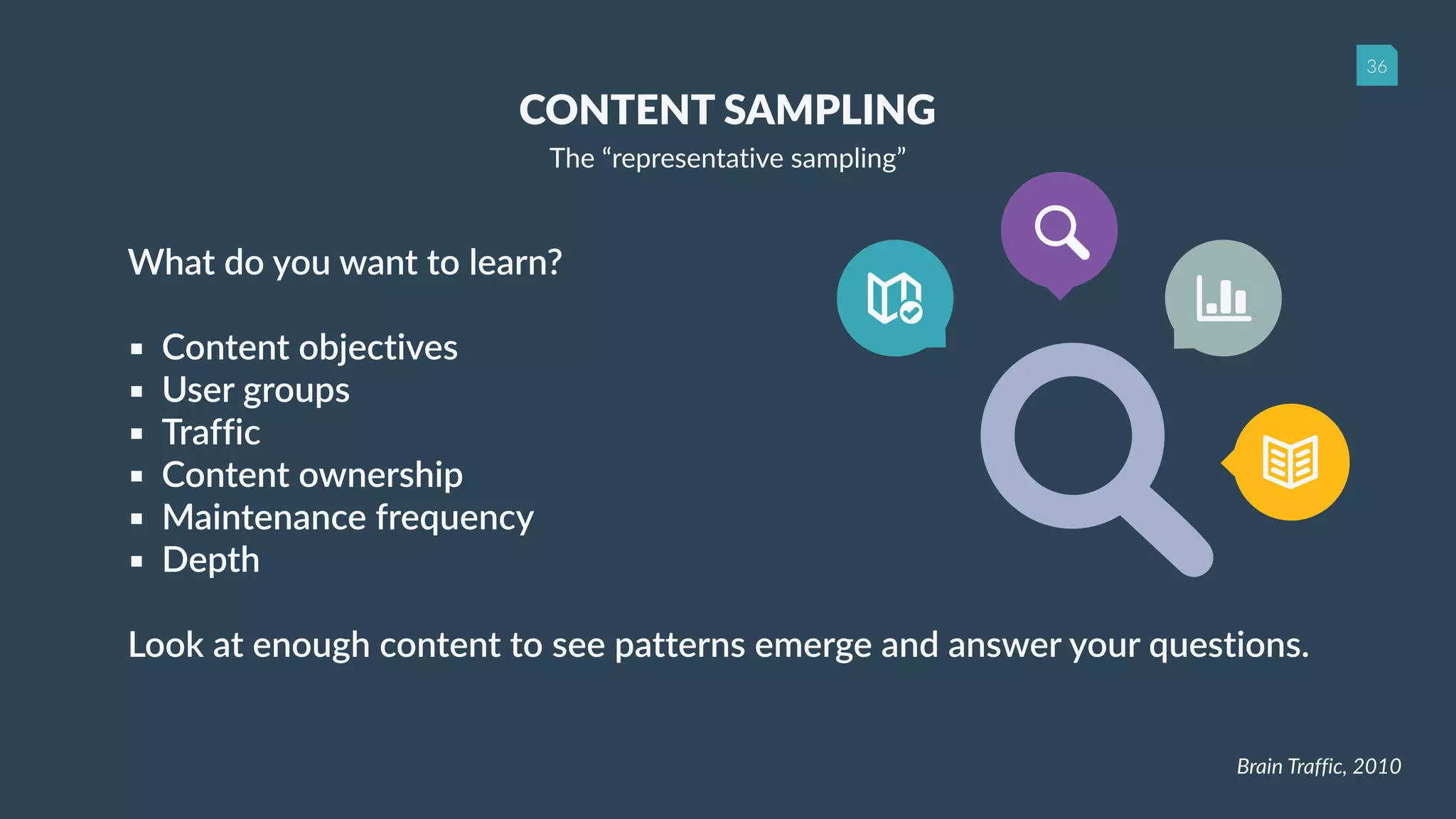 36
CONTENT SAMPLING
What do you want to learn? 
▪ Content objectives
▪ User groups
▪ Traffic
▪ Content ownership
▪ Maintenance frequency
▪ Depth
Look at enough content to see patterns emerge and answer your questions.
The “representative sampling”
Brain Traffic, 2010
 