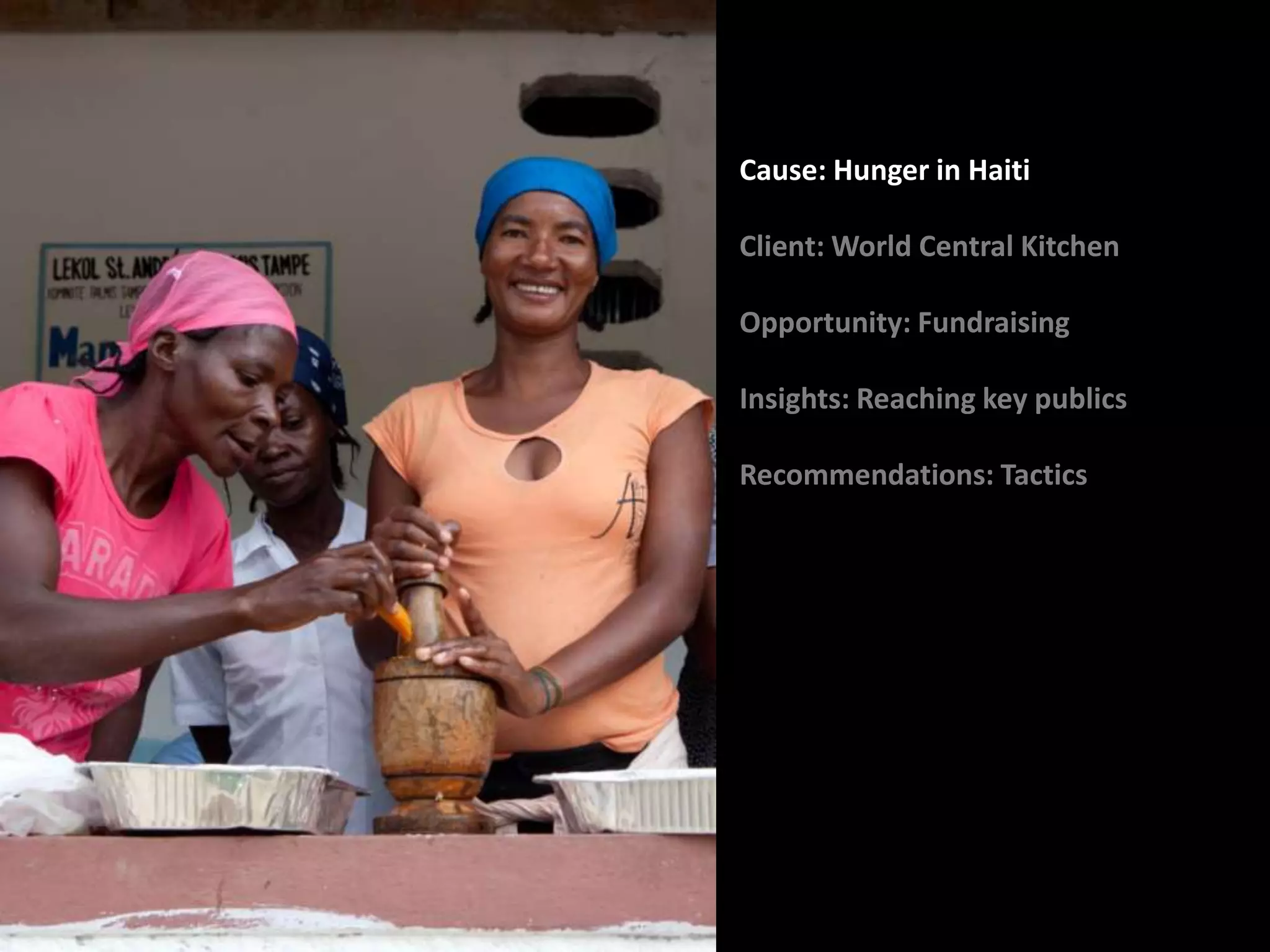 Cause: Hunger in Haiti

Client: World Central Kitchen

Opportunity: Fundraising

Insights: Reaching key publics

Recommendations: Tactics
 