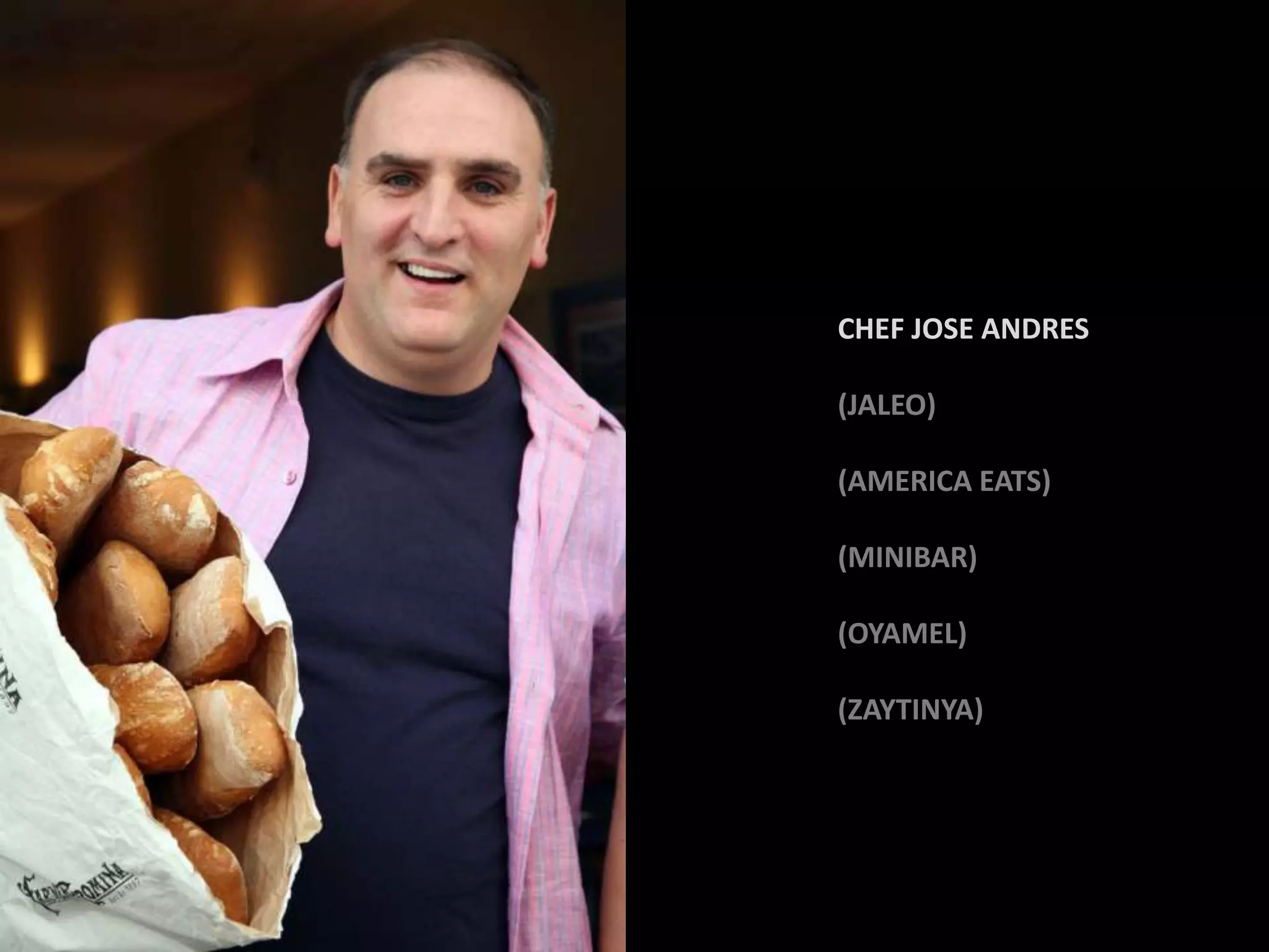 CHEF JOSE ANDRES

(JALEO)

(AMERICA EATS)

(MINIBAR)

(OYAMEL)

(ZAYTINYA)
 
