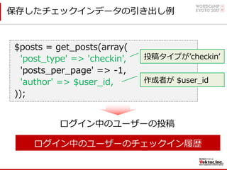 保存したチェックインデータの引き出し例
$posts = get_posts(array(
'post_type' => 'checkin',
'posts_per_page' => -1,
'author' => $user_id,
));
ログイン中のユーザーのチェックイン履歴
投稿タイプがʼcheckinʼ
作成者が $user_id
ログイン中のユーザーの投稿
 