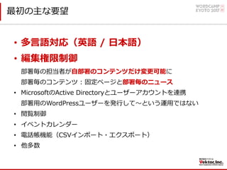 最初の主な要望
• 多⾔語対応（英語 / ⽇本語）
• 編集権限制御
部署毎の担当者が⾃部署のコンテンツだけ変更可能に
部署毎のコンテンツ : 固定ページと部署毎のニュース
• MicrosoftのActive Directoryとユーザーアカウントを連携
部署⽤のWordPressユーザーを発⾏して〜という運⽤ではない
• 閲覧制御
• イベントカレンダー
• 電話帳機能（CSVインポート・エクスポート）
• 他多数
 