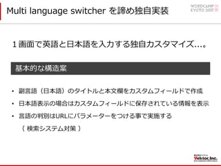 Multi language switcher を諦め独⾃実装
１画⾯で英語と⽇本語を⼊⼒する独⾃カスタマイズ...。
• 副⾔語（⽇本語）のタイトルと本⽂欄をカスタムフィールドで作成
• ⽇本語表⽰の場合はカスタムフィールドに保存されている情報を表⽰
• ⾔語の判別はURLにパラメーターをつける事で実施する
（ 検索システム対策 ）
基本的な構造案
 