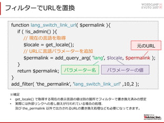 function lang_switch_link_url( $permalink ){
if ( !is_admin() ){
// 現在の⾔語を取得
$locale = get_locale();
// URLに⾔語パラメーターを追加
$permalink = add_query_arg( 'lang', $locale, $permalink );
}
return $permalink;
}
add_filter( 'the_permalink', 'lang_switch_link_url' ,10,2 );
※補⾜
• get_locale() で取得する現在の表⽰⾔語の値は別の箇所でフィルターで書き換え済みの想定
• 実際には外部リンクへの差し替えが⾏われている場合の処理、
及び the_permalink 以外で出⼒されるURLの書き換え処理なども必要になってきます。
フィルターでURLを置換
元のURL
パラメーター名 パラメーターの値
 