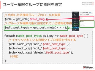 ユーザー権限グループに権限を設定
// 作成した各権限グループのロールを取得
$role = get_role( $role_slug );
// グループが編集可能に設定されている情報を取得
$edit_post_types = get_post_meta(・・・);
foreach ($edit_post_types as $key => $edit_post_type ) {
// チェックされている投稿タイプの権限を付与する
$role->add_cap( 'add_'.$edit_post_type' );
$role->add_cap( ʼedit_'.$edit_post_type' );
$role->add_cap( ʼdelete_'.$edit_post_type' );
（中略）
}
 