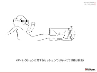 ／￣￣＼
／ﾉ( _ノ ＼
| ⌒(（ ●）（●）
.| （__人__） /⌒l
| ｀ ⌒´ﾉ |`'''|
／ ⌒ヽ } | | __＿＿＿＿＿＿＿＿て
／ へ ＼ }__/ / | |￣￣￣￣￣￣￣| | |（
／ ／ | ノ ノ | | ＼ / | | |’, ･
( _ ノ | ＼´ ＿ | | ＼ ﾉ( / | | | , ’
| ＼＿,, -‐ ''" ￣￣ﾞ''―---└'´￣｀ヽ | | | て
.| ＿＿ ノ ＿| | | （
ヽ ＿,, -‐ ''"￣|＿￣＿o o o＿＿＿|_|ｒ'"
（ ディレクションに関するセッションではないので詳細は割愛 ）
 