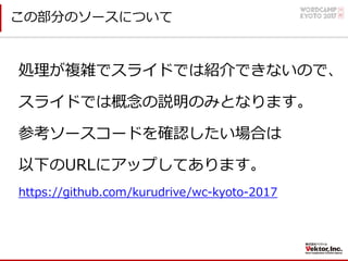 この部分のソースについて
処理が複雑でスライドでは紹介できないので、
スライドでは概念の説明のみとなります。
参考ソースコードを確認したい場合は
以下のURLにアップしてあります。
https://github.com/kurudrive/wc-kyoto-2017
 