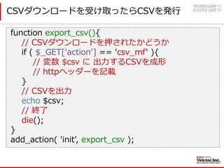 CSVダウンロードを受け取ったらCSVを発⾏
function export_csv(){
// CSVダウンロードを押されたかどうか
if ( $_GET['action'] == 'csv_mf' ){
// 変数 $csv に 出⼒するCSVを成形
// httpヘッダーを記載
}
// CSVを出⼒
echo $csv;
// 終了
die();
}
add_action( 'init', export_csv );
 