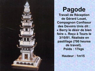 Pagode
Travail de Réception
de Gérard Louet,
Compagnon Confiseur
des Devoirs Unis dit :
« Berry le désir de bien
faire ». Reçu à Tours le
3/10/81. Réalisée en
pastillage (700 heures
de travail).
Poids : 17kgs
Hauteur : 1m15
 