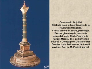 Colonne du 14 juillet
Réalisée pour le bicentenaire de la
révolution française.
Chef-d’œuvre en sucre, pastillage,
Décors glace royale, fondants
chocolat, café. Chef-d’œuvre de
Parizot Marcel, dit « Le berrichon
dévoué » Compagnon Cuisinier Des
Devoirs Unis. 800 heures de travail
environ. Don de M. Parizot Marcel.
 