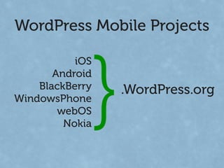 WordPress Mobile Projects




             }
           iOS
       Android
    BlackBerry   .WordPress.org
WindowsPhone
        webOS
         Nokia
 
