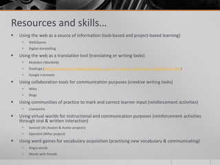 Resources and skills… 
 Using the web as a source of information (task-based and project-based learning) 
 WebQuests 
 Digital storytelling 
 Using the web as a translation tool (translating or writing tasks) 
 Multidict (Wordlink) 
 Duolingo (http://www.ted.com/talks/lang/en/luis_von_ahn_massive_scale_online_collaboration.html) 
 Google translator 
 Using collaboration tools for communication purposes (creative writing tasks) 
 Wikis 
 Blogs 
 Using communities of practice to mark and correct learner input (reinforcement activities) 
 Livemocha 
 Using virtual worlds for instructional and communication purposes (reinforcement activities 
through oral & written interaction) 
 Second Life (Avalon & Avatar projects) 
 OpenSim (Niflar project) 
 Using word games for vocabulary acquisition (practising new vocabulary & communicating) 
 Angry words 
 Words with friends 
 