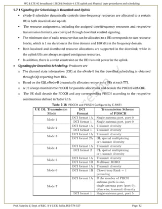 WC & LTE 4G broadband-15EC81: Module 4: LTE uplink and Physical layer procedures and scheduling
Prof. Suresha V, Dept. of E&C. K V G C E, Sullia, D.K-574 327 Page. 32
9.7.1 Signaling for Scheduling in Downlink and Uplink
 eNode-B scheduler dynamically controls time-frequency resources are allocated to a certain
UE in both downlink and uplink.
 The resource assignments, including the assigned time/frequency resources and respective
transmission formats, are conveyed through downlink control signaling.
 The minimum size of radio resource that can be allocated to a UE corresponds to two resource
blocks, which is 1 ms duration in the time domain and 180 kHz in the frequency domain.
 Both localized and distributed resource allocations are supported in the downlink, while in
the uplink UEs are always assigned contiguous resources.
 In addition, there is a strict constraint on the UE transmit power in the uplink.
 Signaling for Downlink Scheduling: Producers are
o The channel state information (CSI) at the eNode-B for the downlink scheduling is obtained
through CQI reporting from UEs.
o Based on the CQI, eNode-B dynamically allocates resources to UEs at each TTI.
o A UE always monitors the PDCCH for possible allocations and decode the PDCCH with CRC.
o The UE shall decode the PDCCH and any corresponding PDSCH according to the respective
combinations defined in Table 9.16.
 