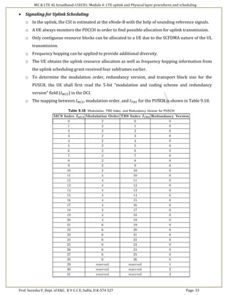 WC & LTE 4G broadband-15EC81: Module 4: LTE uplink and Physical layer procedures and scheduling
Prof. Suresha V, Dept. of E&C. K V G C E, Sullia, D.K-574 327 Page. 33
 Signaling for Uplink Scheduling
o In the uplink, the CSI is estimated at the eNode-B with the help of sounding reference signals.
o A UE always monitors the PDCCH in order to find possible allocation for uplink transmission.
o Only contiguous resource blocks can be allocated to a UE due to the SCFDMA nature of the UL
transmission.
o Frequency hopping can be applied to provide additional diversity.
o The UE obtains the uplink resource allocation as well as frequency hopping information from
the uplink scheduling grant received four subframes earlier.
o To determine the modulation order, redundancy version, and transport block size for the
PUSCH, the UE shall first read the 5-bit "modulation and coding scheme and redundancy
version" field (𝐼 𝑀𝐶𝑆) in the DCI.
o The mapping between 𝐼 𝑀𝐶𝑆, modulation order, and 𝐼 𝑇𝐵𝑆 for the PUSCH is shown in Table 9.18.
 