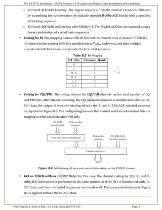 WC & LTE 4G broadband-15EC81: Module 4: LTE uplink and Physical layer procedures and scheduling
Prof. Suresha V, Dept. of E&C. K V G C E, Sullia, D.K-574 327 Page. 9
o TDD with ACK/NAK bundling: The output sequence from the channel encoder is obtained
by scrambling the concatenation of multiple encoded H-ARQ-ACK blocks with a specified
scrambling sequence.
o TDD with ACK/NAK multiplexing with NHARQ > 2: The H-ARQ-ACK bits are encoded using a
linear combination of a set of basis sequences.
 Coding for RI: The mapping between the RI bits and the channel rank is shown in Table 8.5.
NRI denoteas the number of RI bits encoded into a 𝑁 𝑅𝐼 𝑄 𝑚 codeword, and then multiple
concatenated RI blocks are concatenated to form a bit sequence.
 Coding for CQI/PMI: The coding scheme for CQI/PMI depends on the total number of CQI
and PMI bits. After channel encoding, the CQI encoded sequence is multiplexed with the UL-
SCH data, the output of which is interleaved with the RI and H-ARQ-ACK encoded sequence
as depicted in Figure 8.6. The multiplexing ensures that control and data information bits are
mapped to different modulation symbols.
 UCI on PUSCH without UL-SCH Data: For this case, the channel coding for CQI, RI, and H-
ARQ-ACK information is performed in the same manner as if the UCI is transmitted with UL-
SCH data, and then the coded sequences are interleaved. The same interleaves as in Figure
8.6 is applied without the UL-SCH data.
 