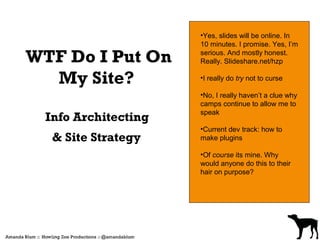 •Yes, slides will be online. In
                      10 minutes. I promise. Yes, I’m

WTF Do I Put On       serious. And mostly honest.
                      Really. Slideshare.net/hzp

  My Site?            •I really do try not to curse

                      •No, I really haven’t a clue why
                      camps continue to allow me to
                      speak
  Info Architecting
                      •Current dev track: how to
   & Site Strategy    make plugins

                      •Of course its mine. Why
                      would anyone do this to their
                      hair on purpose?
 