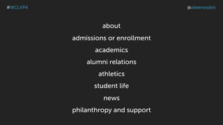 about
admissions or enrollment
academics
alumni relations
athletics
student life
news
philanthropy and support
#WCLVPA @eileenviolini
 