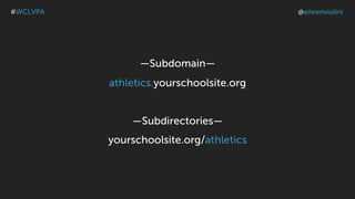 —Subdomain—
athletics.yourschoolsite.org
—Subdirectories—
yourschoolsite.org/athletics
#WCLVPA @eileenviolini
 