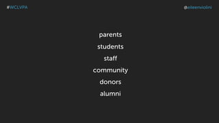 parents
students
staff
community
donors
alumni
#WCLVPA @eileenviolini
 