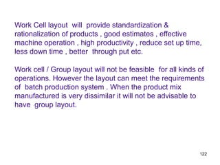 122
Work Cell layout will provide standardization &
rationalization of products , good estimates , effective
machine operation , high productivity , reduce set up time,
less down time , better through put etc.
Work cell / Group layout will not be feasible for all kinds of
operations. However the layout can meet the requirements
of batch production system . When the product mix
manufactured is very dissimilar it will not be advisable to
have group layout.
 