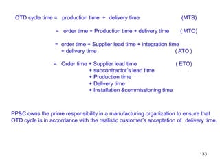 133
OTD cycle time = production time + delivery time (MTS)
= order time + Production time + delivery time ( MTO)
= order time + Supplier lead time + integration time
+ delivery time ( ATO )
= Order time + Supplier lead time
+ subcontractor’s lead time
+ Production time
+ Delivery time
+ Installation &commissioning time
( ETO)
PP&C owns the prime responsibility in a manufacturing organization to ensure that
OTD cycle is in accordance with the realistic customer’s acceptation of delivery time.
 