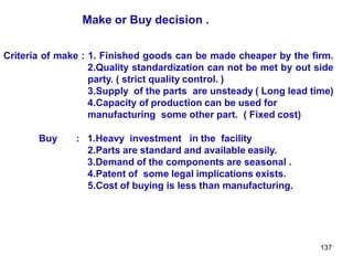 137
Make or Buy decision .
Criteria of make : 1. Finished goods can be made cheaper by the firm.
2.Quality standardization can not be met by out side
party. ( strict quality control. )
3.Supply of the parts are unsteady ( Long lead time)
4.Capacity of production can be used for
manufacturing some other part. ( Fixed cost)
Buy : 1.Heavy investment in the facility
2.Parts are standard and available easily.
3.Demand of the components are seasonal .
4.Patent of some legal implications exists.
5.Cost of buying is less than manufacturing.
 