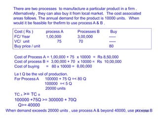 There are two processes to manufacture a particular product in a firm .
Alternatively , they can also buy it from local market. The cost associated
areas follows. The annual demand for the product is 10000 units. When
would it be feasible for thefirm to use process A & B .
Cost ( Rs ) process A Processes B Buy
FC/ Year 1,00,000 3,00,000 -----
VC/ unit
Buy price / unit
75 70 -----
80
Cost of Process A = 1,00,000 + 75 x 10000 = Rs 8,50,000
Cost of process B = 3,00,000 + 70
Cost of buying = 80 x 10000 =
x 10000 =
8,00,000
Rs 10,00,000
Le t Q be the vol of production.
For Process A 100000 + 75 Q =< 80 Q
100000 =< 5 Q
20000 units
TC A >= TC B
100000 +75Q >= 300000 + 70Q
Q>= 40000
When demand exceeds 20000 units , use process A & beyond 40000, use proc1e3s9sB
 