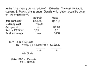 An item has yearly consumption of 1000 units . The cost related to
sourcing & Making are as under: Decide which option would be better
for the organization.
Source Make
Item cost /unit Rs 6.00 Rs 5.9
Ordering cost 10.00 --
Set up cost -- 50.00
Annual ICC/item 1.32 1.3
Production rate ---- 6000
BUY : EOQ = 123 units
TC = 1000 x 6 + 1000 x 10 + 123 X1.32
123 2
= 6162.48
Make : EBQ = 304 units .
TC = 6229.14
144
 