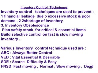 145
Inventory Control Techniques
Inventory control techniques are used to prevent :
1 financial leakage due o excessive stock & poor
demand , 2 2shortage of inventory
3. Inventory Obsolescence
Plan safety stock for critical & essential items
Build selective control on fast & slow moving
inventory .
Various Inventory control technique used are :
ABC : Always Better Control
VED : Vital Essential & Desirable
SDE : Scarce Difficulty & Easy
FNSD Fast moving , Normal , Slow moving , Dead
 