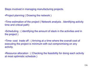 174
Steps involved in managing manufacturing projects.
•Project planning ( Drawing the network )
•Time estimation of the project ( Network analysis . Identifying activity
time and critical path)
•Scheduling : ( identifying the amount of slack in the activities and in
the project )
•Time- cost trade off : ( Arriving at a time where the overall cost of
executing the project is minimum with out compromising on any
activity.
•Resource allocation : ( Checking the feasibility for doing each activity
at most optimistic schedule )
 