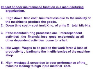 198
Impact of poor maintenance function in a manufacturing
organization.
1. High down time cost. Incurred loss due to the inability of
the machine to produce the goods.
2. Down time cost = cost /unit X no. of units X total idle Hrs
3. If the manufacturing processes are interdependent
activities , the financial loss goes exponential as all
other dependent activities come to a halt.
4. Idle wage : Wages to be paid to the work force & loss of
productivity , leading to the in efficiencies of the machine
shop .
5. High wastage & scrap due to poor performance of the
machine leading to high input material cost.
 