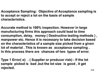 238
Acceptance Sampling: Objective of Acceptance sampling is
to accept or reject a lot on the basis of sample
characteristics.
Accurate method is 100% inspection. However in large
manufacturing firms this approach could lead to time
consumption, delay, money ( Destructive testing methods ) ,
manpower etc. Hence it is necessary to take decision based
on the characteristics of a sample size picked from a given
lot of material . This is known as acceptance sampling .
In this process there are chances of two types of error.
Type 1 Error( α) . ( Supplier or producer risk) : If the lot
sample picked is bad ,but the lot size is good , it get
rejected.
 