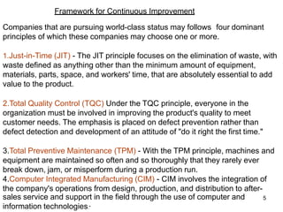 5
Companies that are pursuing world-class status may follows four dominant
principles of which these companies may choose one or more.
1.Just-in-Time (JIT) - The JIT principle focuses on the elimination of waste, with
waste defined as anything other than the minimum amount of equipment,
materials, parts, space, and workers' time, that are absolutely essential to add
value to the product.
2.Total Quality Control (TQC) Under the TQC principle, everyone in the
organization must be involved in improving the product's quality to meet
customer needs. The emphasis is placed on defect prevention rather than
defect detection and development of an attitude of "do it right the first time."
3.Total Preventive Maintenance (TPM) - With the TPM principle, machines and
equipment are maintained so often and so thoroughly that they rarely ever
break down, jam, or misperform during a production run.
4.Computer Integrated Manufacturing (CIM) - CIM involves the integration of
the company's operations from design, production, and distribution to after-
sales service and support in the field through the use of computer and
information technologies."
Framework for Continuous Improvement
 