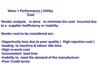 Value = Performance ( Utility)
Cost
Vendor analysis is done to minimize the cost incurred due
to a supplier Inefficiency or inability .
Vendor cost to be considered are :
•Opportunity loss due to poor quality ( High rejection cost )
•leading to machine & labour idle time.
•High re-work cost
•Inconsistent lead time
•Inability to meet the demand of the manufacturer
•Poor Credit terms
 