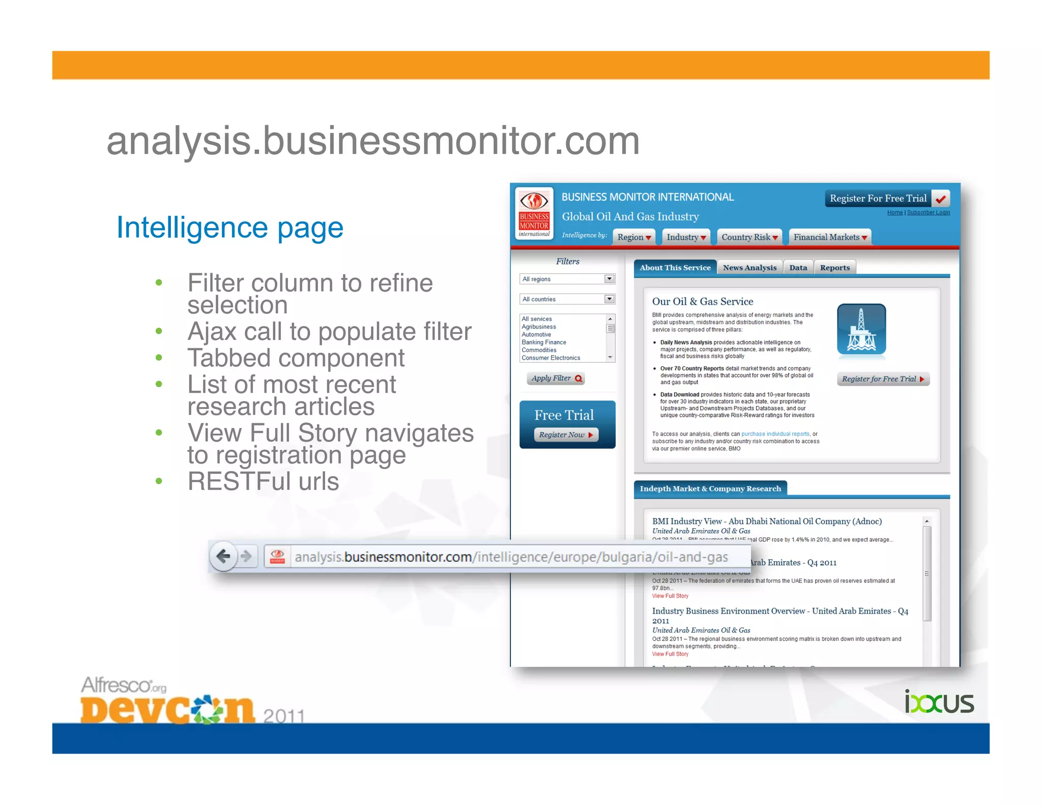 analysis.businessmonitor.com!

Intelligence page
  •  Filter column to reﬁne
     selection!
  •  Ajax call to populate ﬁlter!
  •  Tabbed component!
  •  List of most recent
     research articles!
  •  View Full Story navigates
     to registration page!
  •  RESTFul urls!
 