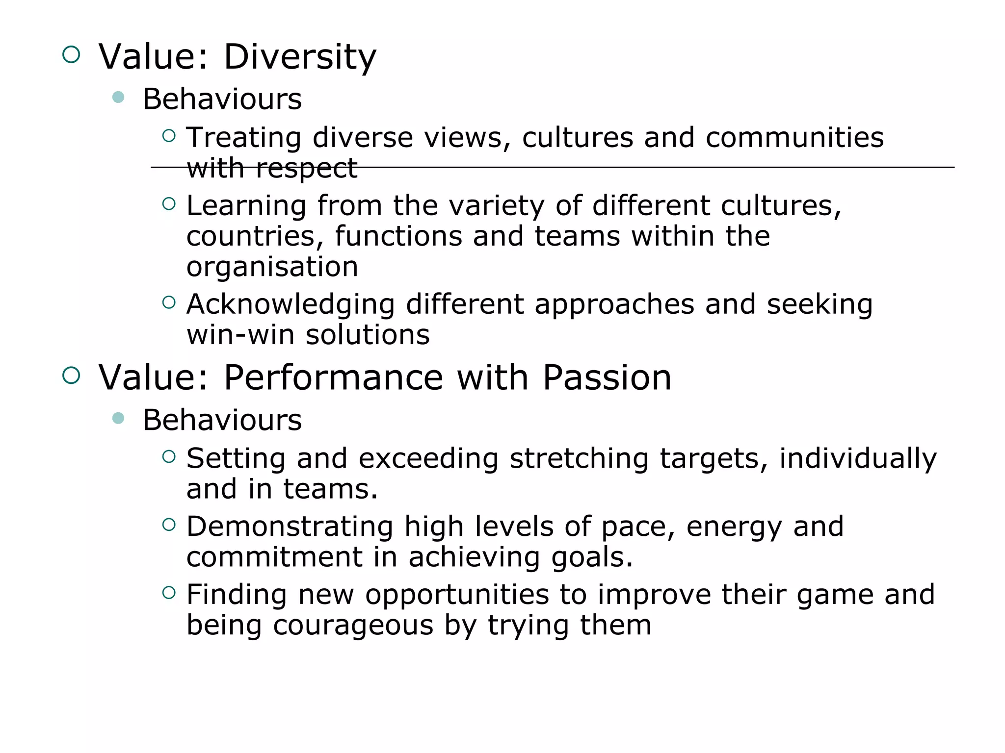 Value: Diversity Behaviours Treating diverse views, cultures and communities with respect Learning from the variety of different cultures, countries, functions and teams within the organisation Acknowledging different approaches and seeking win-win solutions Value: Performance with Passion Behaviours Setting and exceeding stretching targets, individually and in teams. Demonstrating high levels of pace, energy and commitment in achieving goals. Finding new opportunities to improve their game and being courageous by trying them 